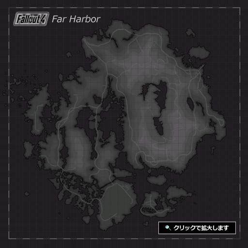 Fallout4／Far Harbor ワールドマップ（アイコン表示なし／ロケーション表示なし）